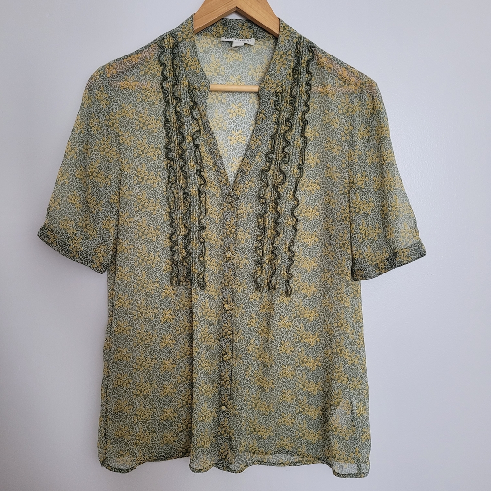 Banana Republic Ruffle Sheer Blouse Button Down Short Sleeves Floral Size M Boho
